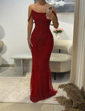 Hot Sale Red Beading Prom Dresses Sparkly Crystal Beads Off-the Shoulder Mermaid Semi Formal Grad Long Prom Dress For Teens HZ0311