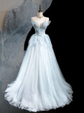 Classy Ball Gown Strapless Light Sky Blue Tulle Floor Length Beaded Bodice Prom Dresses Graduation 20th Birthday Outfits HZ0311