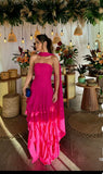 Gorgeous Hot Pink Strapless Sleeveless Chiffon Prom Dresses Ruffles Sheath Prom Gown HZ0311