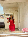 Mermaid Red Prom Dresses Side Split Spaghetti Straps Sexy Special Dress Lace Appliques Beaded Party Gowns HZ0311