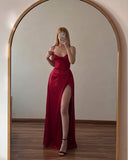 Classy A Line Spaghetti Strap Red Silk Satin With Slit Prom Dress Aesthetic For Teens Formal Dresses Party Outfits Prom Gown HZ0311