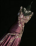 Chic Grape Dresses V-neck A-Line Long Prom Dresses Embroidery Satin Sleeveless Princess Formal Dress HZ0311