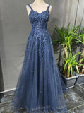 Modest A Line Spaghetti Strap Navy Blue Tulle Long Prom Dresses Graduation Dance Evening Outfits HZ0311