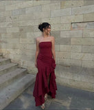 Simple Mermaid Strapless Burgundy Satin With Pleated Long Prom Dresses Formal Dress Party 20th Birthday Outfits HZ0311