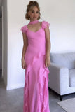 Beautiful Pink V Neck Chiffon Ruffle Mermaid Long Prom Dress Party Gown With Ribbon Wedding Guest Gown HZ0311