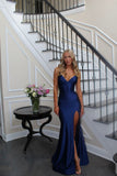 Unique Mermaid Spaghetti Straps Royal Blue Long Prom Dresses Dark Blue With Slit Formal Gown Inspo Evening Dress HZ0311