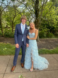 Elegant A line Spaghetti Straps Blue Tulle With Slit Long Evening Dress Semi Prom Formal Gown HZ0311