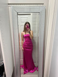 Modest Mermaid Strapless Hot Pink Satin Senior Prom Dresses Sleeveless Long Formal Party Gown HZ0311
