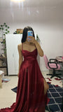 Modest A line Spaghetti Strap Burgundy Satin Slit Prom Dresses Sleeveless Long Formal Party Gown HZ0311