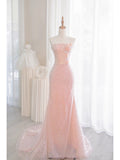 Modest Mermaid Strapless Blush Pink Sequin Long Prom Dresses Graduation Dance Evening Outfits HZ0311