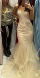 Exquisite Mermaid Spaghetti Straps Yellow Lace Tulle Long Prom Dresses Formal Party Dress Prom Gown HZ0311