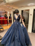 Customized Special Occasion Dress Navy Blue Prom Dresses Luxury Dress A line V Neck Appliques Evening Dresses HZ0311