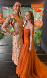 Simple A line Strapless Orange Tulle With Pleated Long Prom Dresses Formal Dress Party 20th Birthday Outfits HZ0311