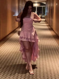 Classy High Low Strapless Pink With Rufffles Maxi Prom Dresses Evening Dress 20th Birthday Outfits HZ0311