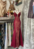Vintage V Neck Lace Burgundy Long Prom Dress Mermaid Evening Party Gown Dance Outfits HZ0311