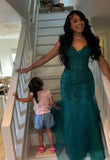 Dark Green Mermaid Tulle Lace Prom Dress Winter Gown Semi Formal Grad Long Prom Dress For Teens HZ0311