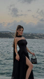 Elegant A line Strapless Black Chiffon With Split Winter Long Formal Fancy Evening Dress Dinner Outfits Party Gowns HZ0311