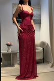 Glitter Bodycon Prom Dress with Sweetheart Neck Spaghetti Straps Ruched Side Slit For Teens High Schools HZ0311