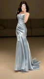 Light Blue Strapless Pleated Prom Dresses Evening Formal Gown Semi Formal Grad Long Prom Dress For Teens HZ0311