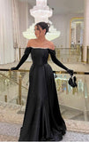 Elegant A line Off The Shoulder Black Satin With Beads Gloves Winter Long Formal Fancy Prom Evening Dress Dinner Outfits Party Gowns HZ0311
