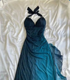 Elegant A line Halter Royal Blue Chiffon Ombre Evening Women Party Dresses Long Formal Prom Dresses 16 Birthday Gown HZ0311