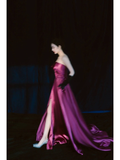 Simple A Line Strapless Grape Satin Long Prom Dresses Impress 18th Birthday Outfits Prom Gown HZ0311