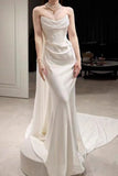 Mermaid White Satin Strapless Satin Long Floor Length Pleats Wedding Dress HZ0311