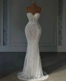 Luxury Mermaid Wedding Dresses For Women Sweetheart Neck Sleeveless Pearls Sequins Sweep Bridal Gown HZ0311