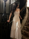 White Satin Sweetheart Mermaid Long Party Dress, White Straps Prom Dress HZ0311