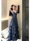 Chic Mermaid Halter Spaghetti Strap Long Prom Dresses Slit Navy Blue Long Formal Dresses HZ0311