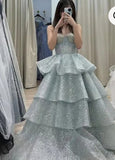 Chic Ball Gown Sweetheart Light Sky Blue Sequins Long Formal Fancy Prom Evening Dress Dinner Outfits Party Gowns For Teens HZ0311