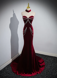 Wine Red Sweetheart Velvet Mermaid Long Formal Party Dress HZ0427