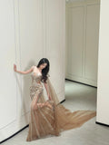 Glitter Mermaid Spaghetti Straps Champagne Tulle Prom Dresses Silver Beads 20th Birthday Outfits HZ0311
