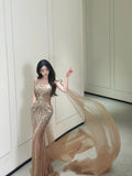 Glitter Mermaid Spaghetti Straps Champagne Tulle Prom Dresses Silver Beads 20th Birthday Outfits HZ0311