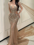 Glitter Mermaid Spaghetti Straps Champagne Tulle Prom Dresses Silver Beads 20th Birthday Outfits HZ0311