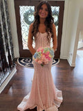 Shiny Blush Pink Sequins Mermaid Spaghetti Straps Long Beaded Prom Dress Party Gowns HZ0311