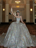 Sparkly Ball Gown Strapless Silver Sequin Long Quinceanera Dress Birthday Luxury Sweet 15 16 Birthday Gown HZ0311