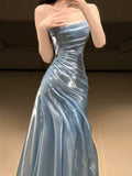 Glitter Mermaid Strapless Light Blue Sleeveless Prom Dresses Inspiration Long Night Outfits 18th Birthday Outfits HZ0311