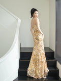 Glitter Mermaid Strapless Gold Sleeveless Prom Dresses Inspiration Long Night Outfits 18th Birthday Outfits HZ0311