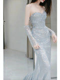 Glitter Mermaid Sweetheart Silver Gray Sequins With Gloves Prom Dresses Inspiration Long Night Outfits 18th Birthday Outfits HZ0311