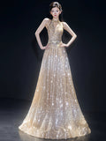 Princess A line Halter Gold Sequins Long Prom Dress Fashion Aesthetic For Teens Formal Dresses Party Outfits Prom Gown HZ0311