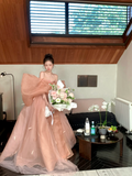 Modest Ball Gown Off The Shoulder Coral Pink With Long Sleeves Bow Prm Dress Aesthetic Long Graduation Evening Outfits HZ0311