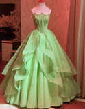 Unique Ball Gown Strapless Sage Green Tulle With Multi Layered Long Prom Quinceanera Dresses Sweet 15 16 Birthday Gown HZ0311