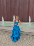 Graceful Ball Gown Sweetheart Blue Satin Sleeveless Pleated Prom Dress Formal Evening Dress Party Gowns HZ0311