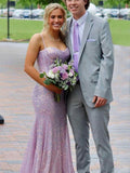 Shiny Blush Pink Sequins Mermaid Spaghetti Straps Long Beaded Prom Dress Party Gowns HZ0311