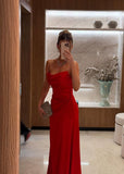 Modest Mermaid Strapless Red Pleated Marine Ball Dresses Floor Length Formal Gowns Satin Long Prom Dresses Evening Gowns HZ0311