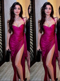 Modest Senior Prom Dresses High Schools Inspiration Mermaid Halter Fuchsia Satin With Pleated Slit Semi Formal Grad Long Prom Dress For Teens HZ0311