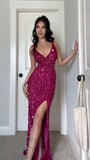 Sparkly Mermaid V Neckline Fuchsia Sequins Long With Slit Evening Party Gowns Special Formal Dresses Prom Dress HZ0311