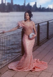 Elegant Dusty Rose Off-The-Shoulder Sweetheart Prom Dresses Mermaid Column Floor Length With Beads HZ0311