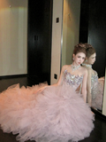 Luxury Mermaid Jewel Neck Pink Tulle With Corset Fitted Back Beaded Bodice Prom Dresses Aesthetic Long Graduation Evening Outfits HZ0311